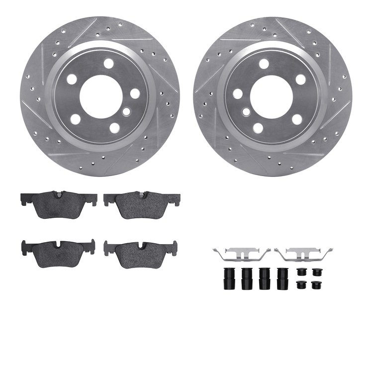 7612-31095 Drilled/Slotted Brake Rotors w/5000 Euro Ceramic Brake Pads Kit & Hardware [Silver], 2012-2021 BMW, Position: Rear