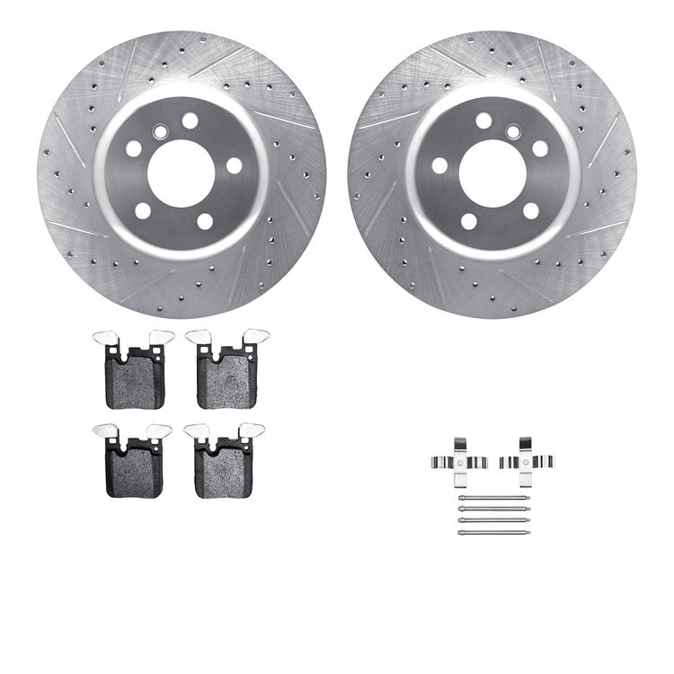 7612-31098 Drilled/Slotted Brake Rotors w/5000 Euro Ceramic Brake Pads Kit & Hardware [Silver], 2013-2021 BMW, Position: Rear