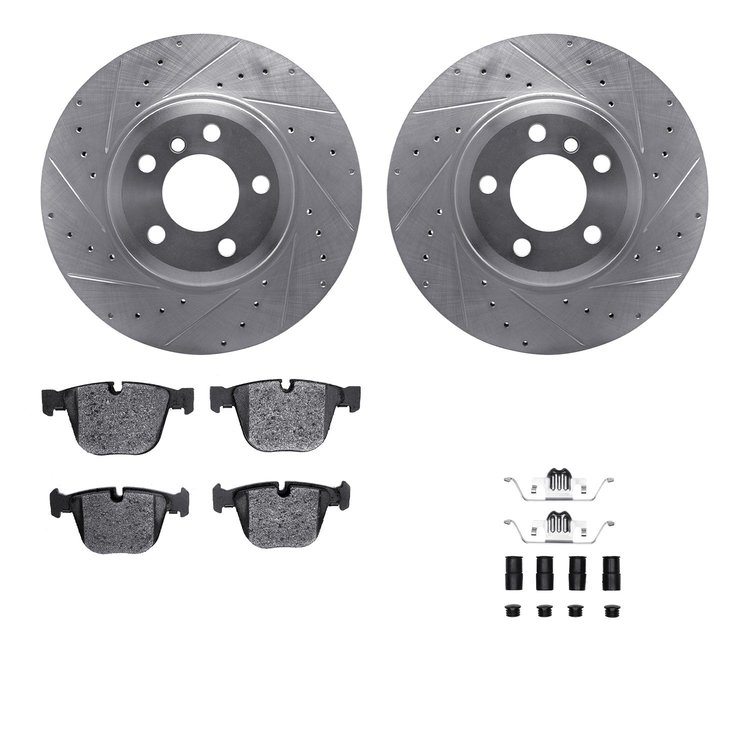 7612-31109 Drilled/Slotted Brake Rotors w/5000 Euro Ceramic Brake Pads Kit & Hardware [Silver], 2007-2019 BMW, Position: Rear