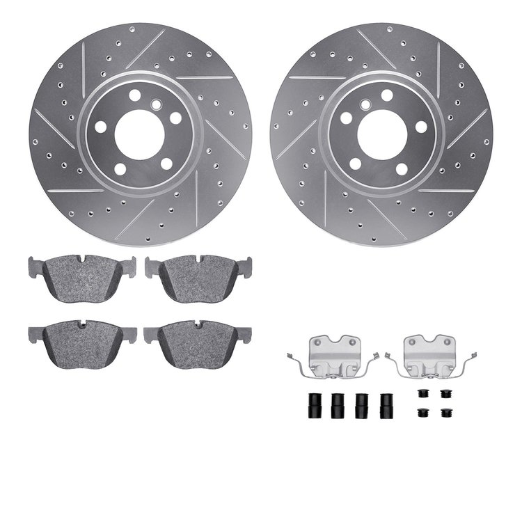 7612-31110 Drilled/Slotted Brake Rotors w/5000 Euro Ceramic Brake Pads Kit & Hardware [Silver], 2007-2018 BMW, Position: Front