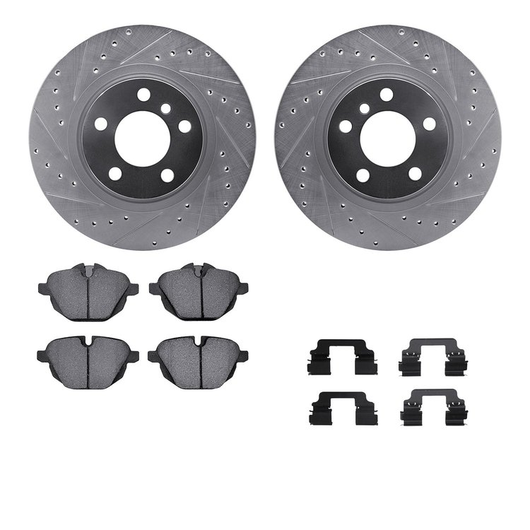7612-31117 Drilled/Slotted Brake Rotors w/5000 Euro Ceramic Brake Pads Kit & Hardware [Silver], 2011-2018 BMW, Position: Rear
