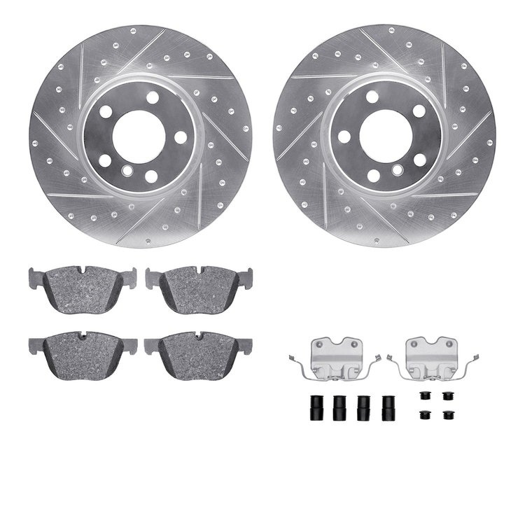 7612-31119 Drilled/Slotted Brake Rotors w/5000 Euro Ceramic Brake Pads Kit & Hardware [Silver], 2016-2018 BMW, Position: Front