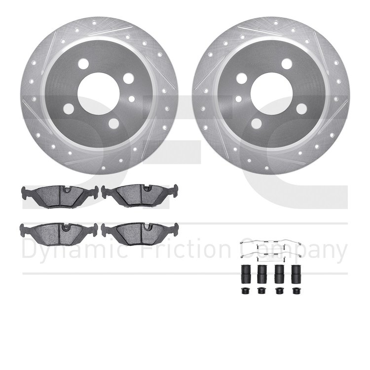 7612-31120 Drilled/Slotted Brake Rotors w/5000 Euro Ceramic Brake Pads Kit & Hardware [Silver], 1988-1990 BMW, Position: Rear