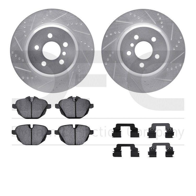 7612-31123 Drilled/Slotted Brake Rotors w/5000 Euro Ceramic Brake Pads Kit & Hardware [Silver], Fits Select BMW, Position: Rear