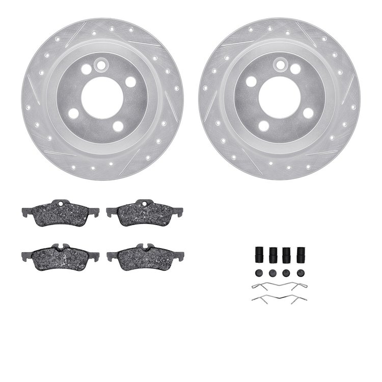 7612-32001 Drilled/Slotted Brake Rotors w/5000 Euro Ceramic Brake Pads Kit & Hardware [Silver], 2002-2008 Mini, Position: Rear