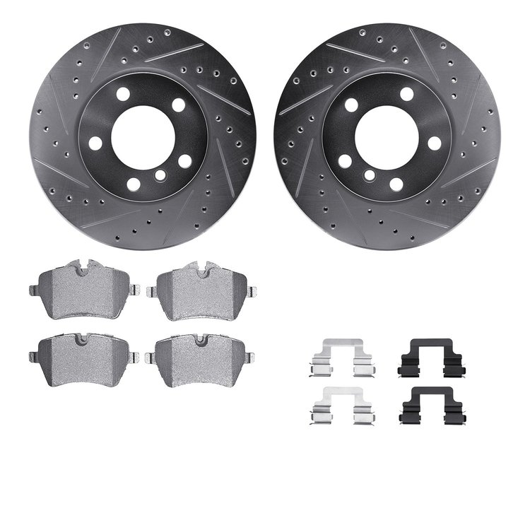 7612-32008 Drilled/Slotted Brake Rotors w/5000 Euro Ceramic Brake Pads Kit & Hardware [Silver], 2011-2016 Mini, Position: Front