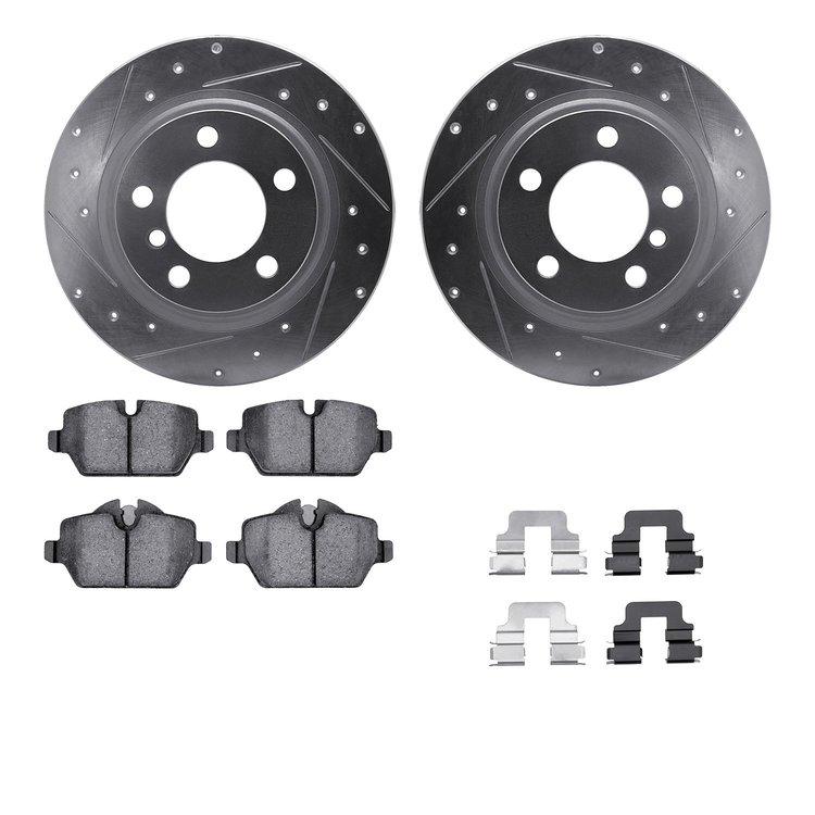 7612-32011 Drilled/Slotted Brake Rotors w/5000 Euro Ceramic Brake Pads Kit & Hardware [Silver], 2013-2016 Mini, Position: Rear