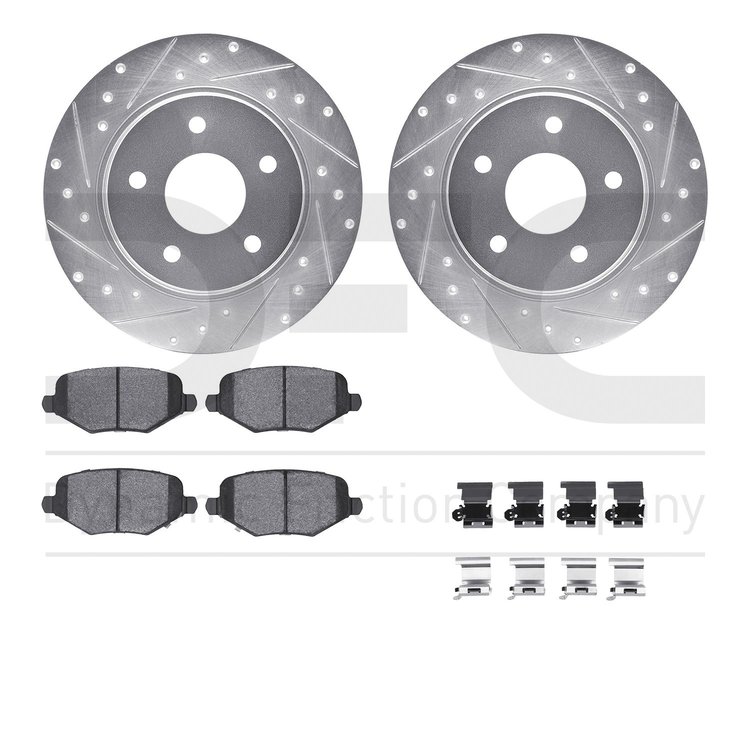 7612-40001 Drilled/Slotted Brake Rotors w/5000 Euro Ceramic Brake Pads Kit & Hardware [Silver], 2012-2016 Mopar, Position: Rear