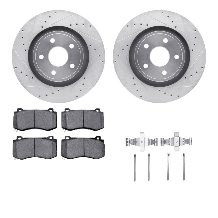 7612-42000 Drilled/Slotted Brake Rotors w/5000 Euro Ceramic Brake Pads Kit & Hardware [Silver], 2006-2010 Mopar, Position: Front