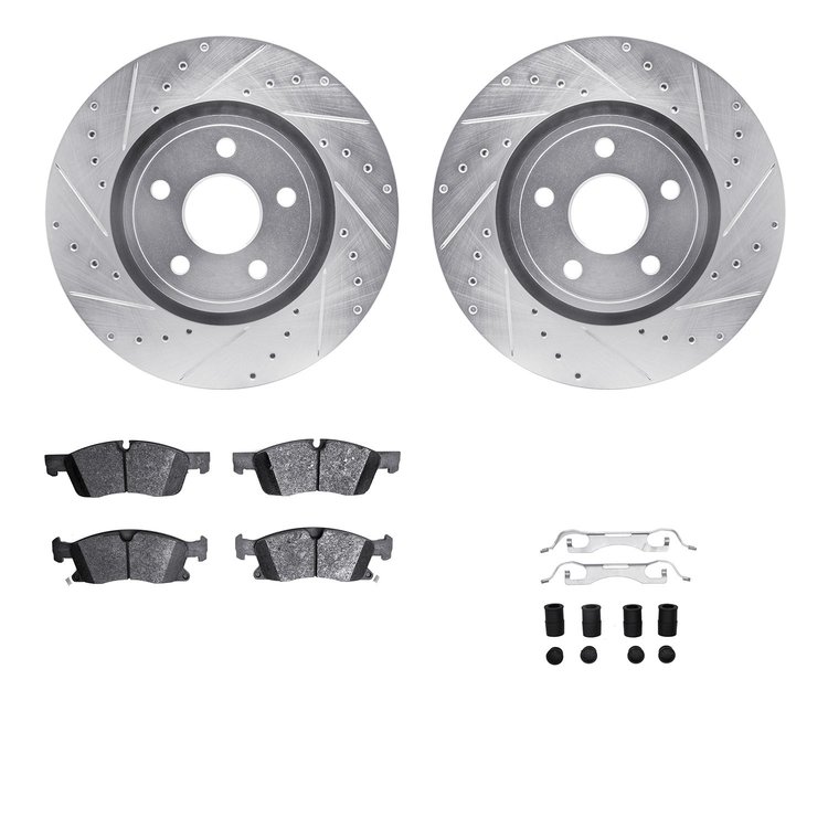 7612-42003 Drilled/Slotted Brake Rotors w/5000 Euro Ceramic Brake Pads Kit & Hardware [Silver], Fits Select Mopar, Position: Fro