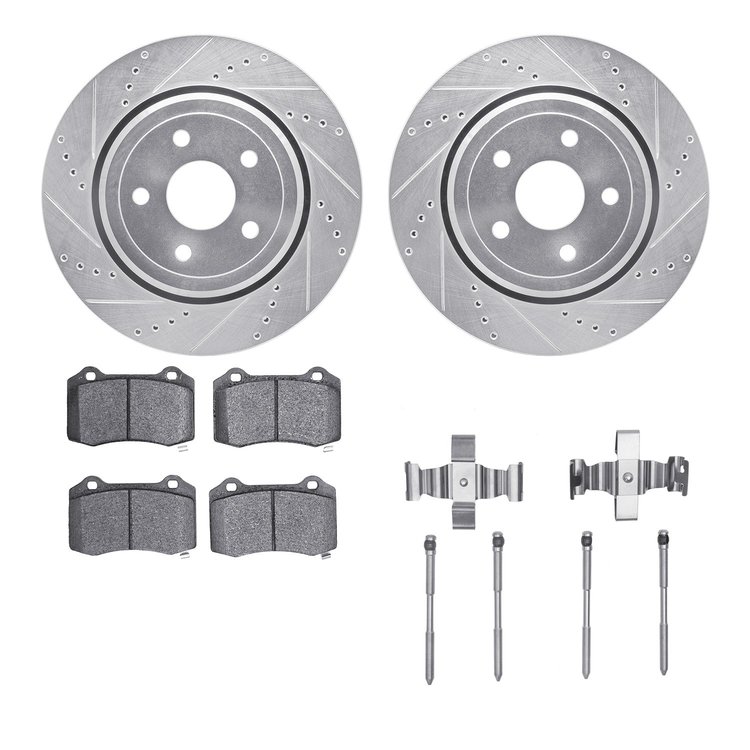 7612-42006 Drilled/Slotted Brake Rotors w/5000 Euro Ceramic Brake Pads Kit & Hardware [Silver], 2018-2021 Mopar, Position: Rear