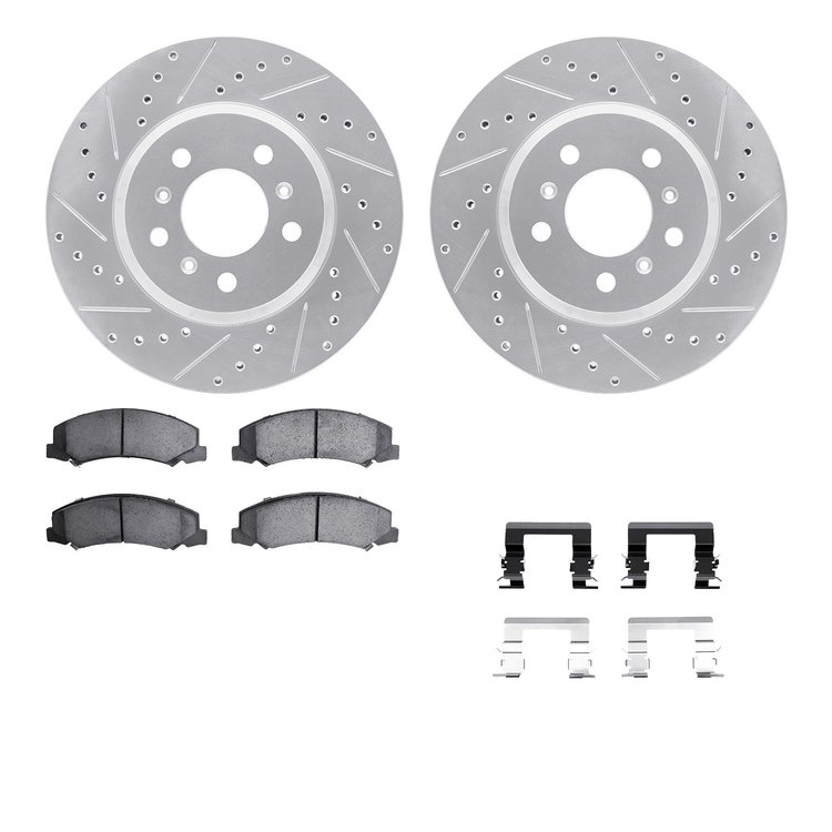 7612-45001 Drilled/Slotted Brake Rotors w/5000 Euro Ceramic Brake Pads Kit & Hardware [Silver], 2006-2016 GM, Position: Front