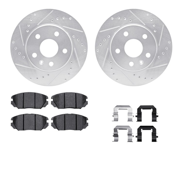7612-45002 Drilled/Slotted Brake Rotors w/5000 Euro Ceramic Brake Pads Kit & Hardware [Silver], 2011-2016 GM, Position: Front