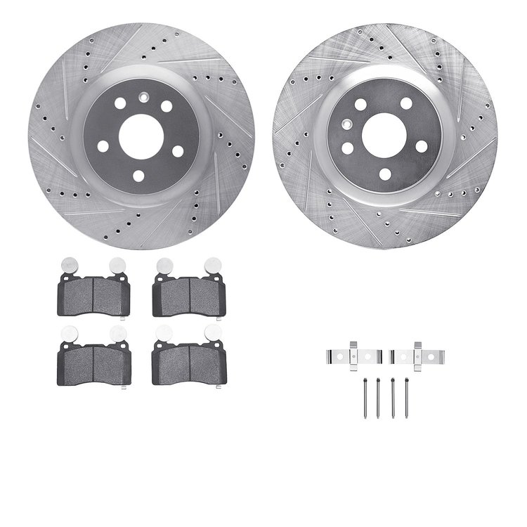 7612-45007 Drilled/Slotted Brake Rotors w/5000 Euro Ceramic Brake Pads Kit & Hardware [Silver], 2010-2015 GM, Position: Front