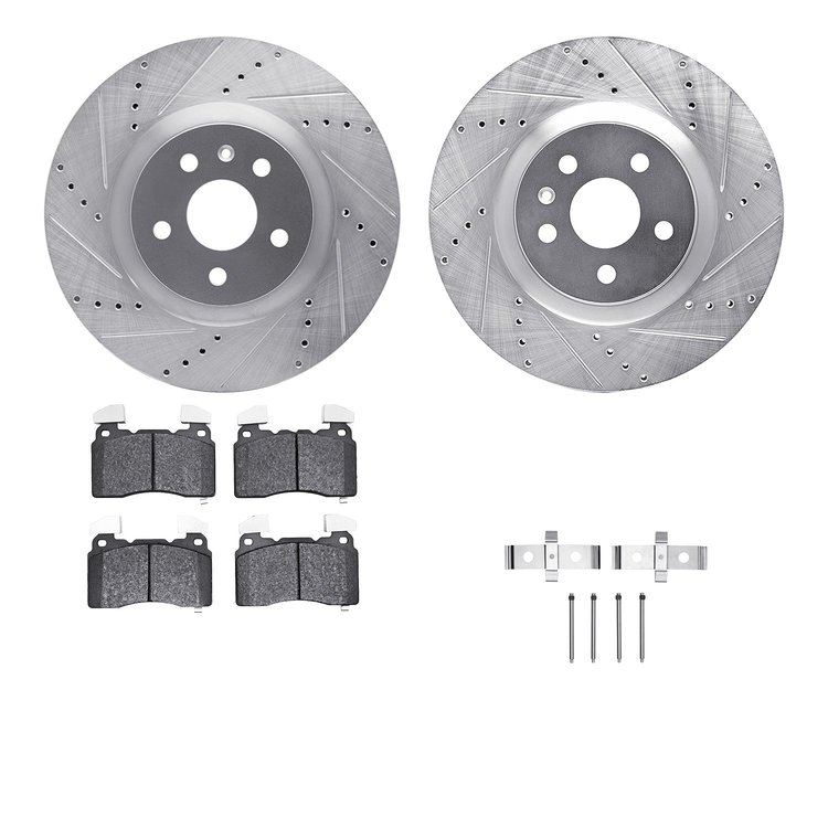 7612-45008 Drilled/Slotted Brake Rotors w/5000 Euro Ceramic Brake Pads Kit & Hardware [Silver], 2014-2017 GM, Position: Front