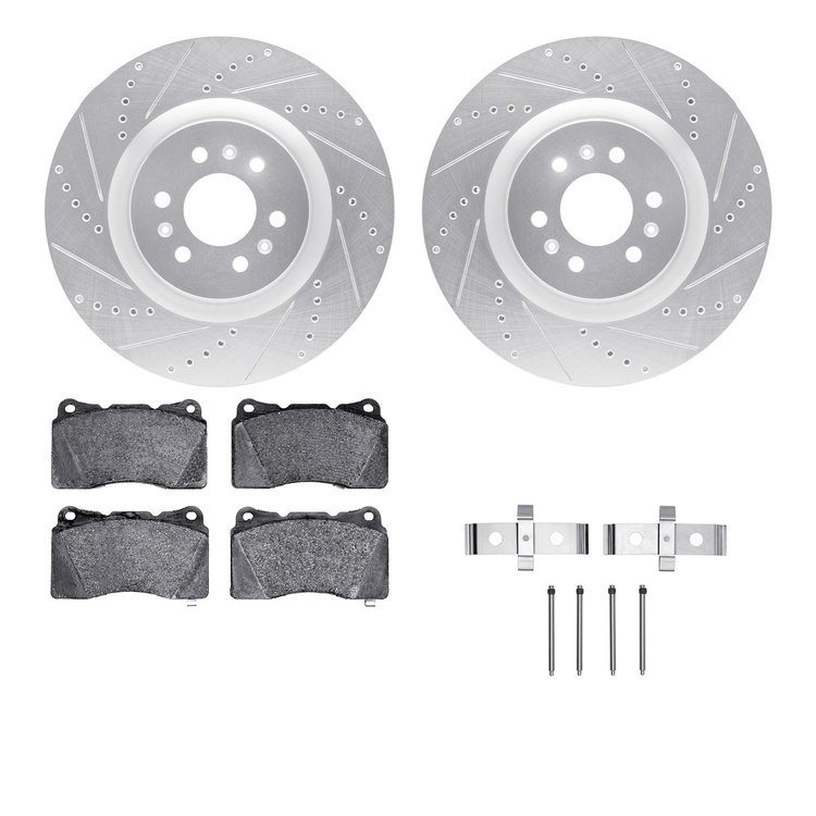 7612-46004 Drilled/Slotted Brake Rotors w/5000 Euro Ceramic Brake Pads Kit & Hardware [Silver], 2004-2011 GM, Position: Front
