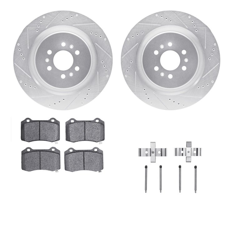 7612-46005 Drilled/Slotted Brake Rotors w/5000 Euro Ceramic Brake Pads Kit & Hardware [Silver], 2004-2011 GM, Position: Rear