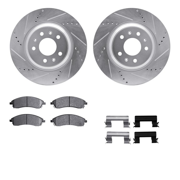 7612-46006 Drilled/Slotted Brake Rotors w/5000 Euro Ceramic Brake Pads Kit & Hardware [Silver], 2004-2008 GM, Position: Front