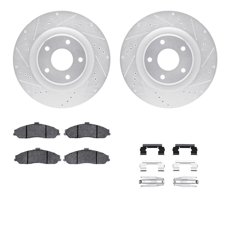 7612-46007 Drilled/Slotted Brake Rotors w/5000 Euro Ceramic Brake Pads Kit & Hardware [Silver], 2010-2013 GM, Position: Front