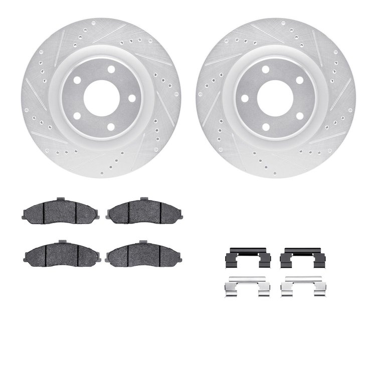 7612-46008 Drilled/Slotted Brake Rotors w/5000 Euro Ceramic Brake Pads Kit & Hardware [Silver], 2005-2009 GM, Position: Front