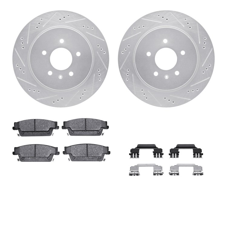 7612-46009 Drilled/Slotted Brake Rotors w/5000 Euro Ceramic Brake Pads Kit & Hardware [Silver], 2005-2011 GM, Position: Rear