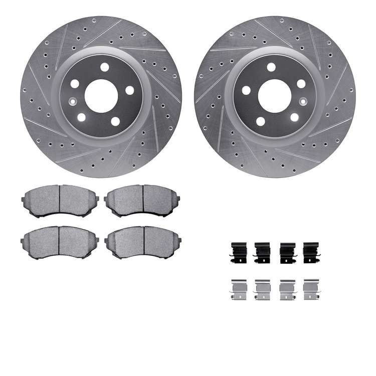 7612-46012 Drilled/Slotted Brake Rotors w/5000 Euro Ceramic Brake Pads Kit & Hardware [Silver], 2008-2014 GM, Position: Front