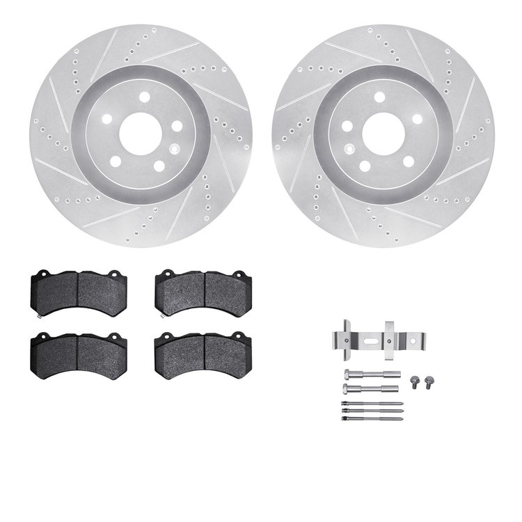 7612-46014 Drilled/Slotted Brake Rotors w/5000 Euro Ceramic Brake Pads Kit & Hardware [Silver], 2009-2015 GM, Position: Front