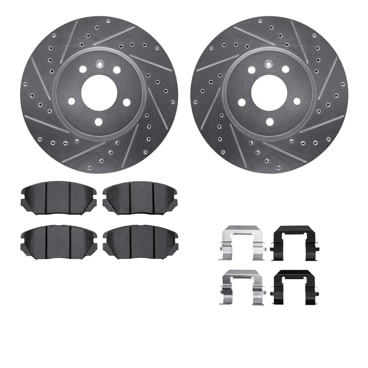 7612-46022 Drilled/Slotted Brake Rotors w/5000 Euro Ceramic Brake Pads Kit & Hardware [Silver], 2014-2019 GM, Position: Front
