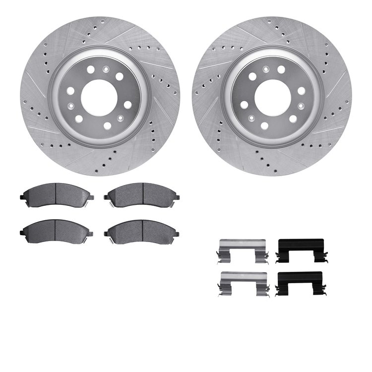 7612-46029 Drilled/Slotted Brake Rotors w/5000 Euro Ceramic Brake Pads Kit & Hardware [Silver], 2004-2009 GM, Position: Front