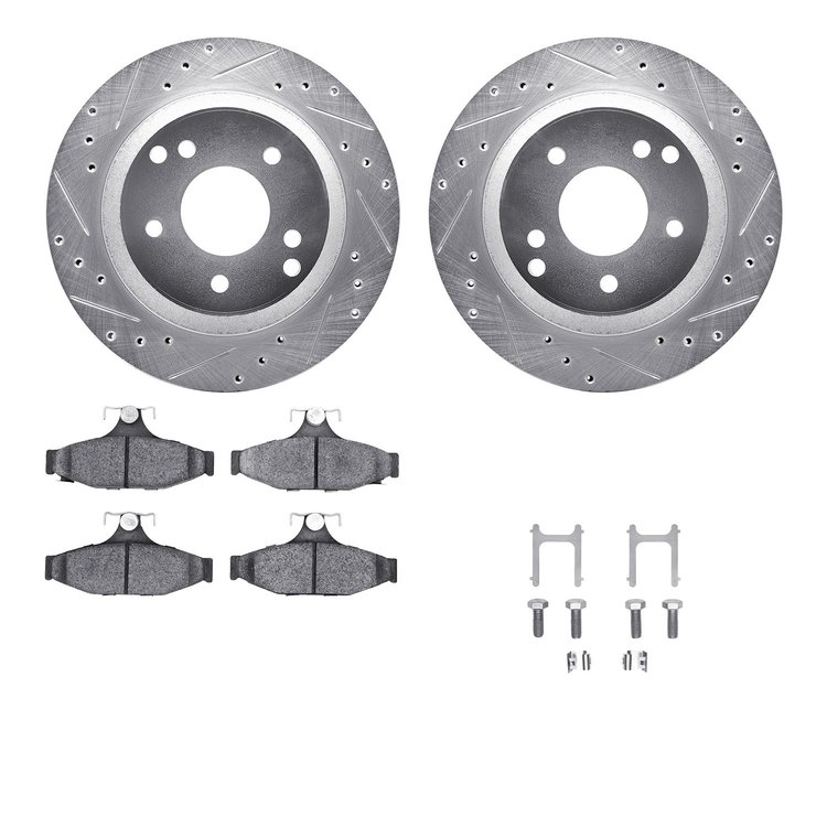 7612-47000 Drilled/Slotted Brake Rotors w/5000 Euro Ceramic Brake Pads Kit & Hardware [Silver], 1988-1996 GM, Position: Rear