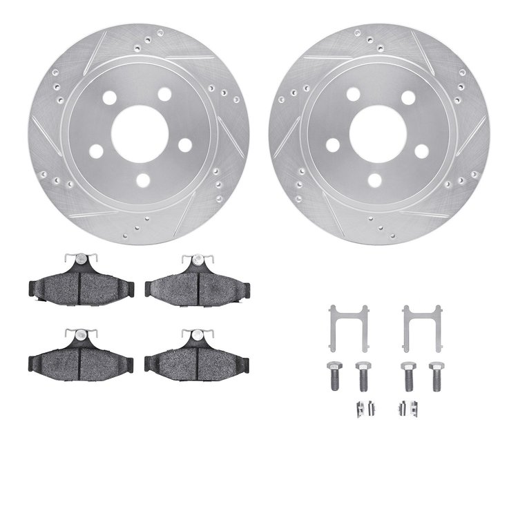 7612-47001 Drilled/Slotted Brake Rotors w/5000 Euro Ceramic Brake Pads Kit & Hardware [Silver], 1993-1997 GM, Position: Rear
