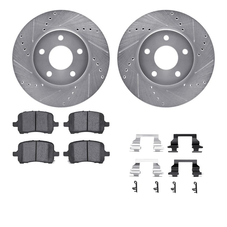 7612-47003 Drilled/Slotted Brake Rotors w/5000 Euro Ceramic Brake Pads Kit & Hardware [Silver], 2006-2011 GM, Position: Front
