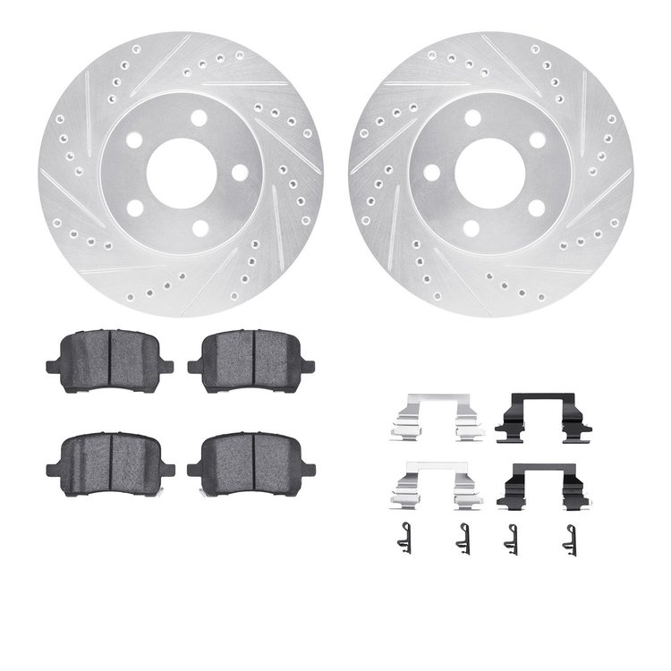 7612-47004 Drilled/Slotted Brake Rotors w/5000 Euro Ceramic Brake Pads Kit & Hardware [Silver], 2008-2008 GM, Position: Front