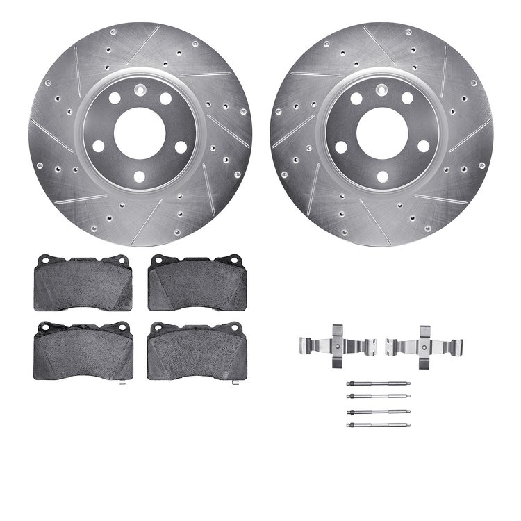 7612-47009 Drilled/Slotted Brake Rotors w/5000 Euro Ceramic Brake Pads Kit & Hardware [Silver], 2014-2019 GM, Position: Front
