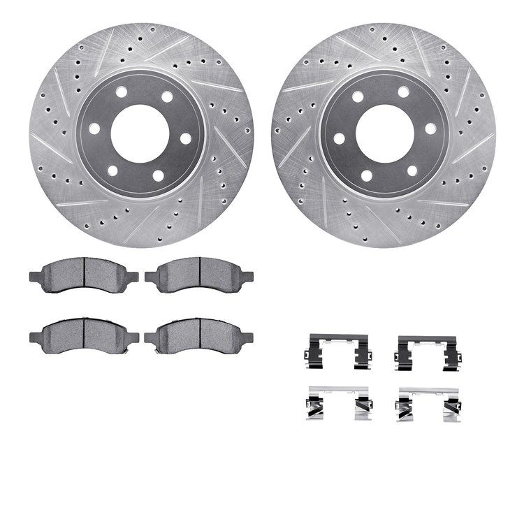 7612-47011 Drilled/Slotted Brake Rotors w/5000 Euro Ceramic Brake Pads Kit & Hardware [Silver], 2006-2009 GM, Position: Front
