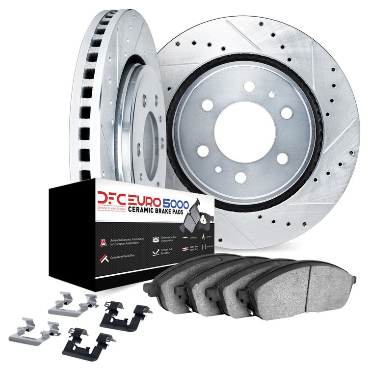 7612-48000 Drilled/Slotted Brake Rotors w/5000 Euro Ceramic Brake Pads Kit & Hardware [Silver], 2017-2020 GM, Position: Rear