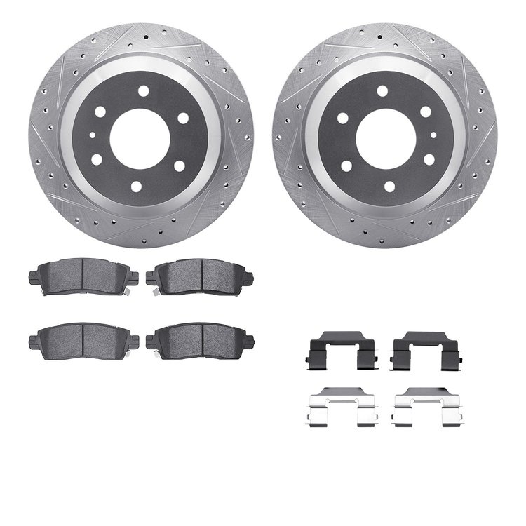 7612-48002 Drilled/Slotted Brake Rotors w/5000 Euro Ceramic Brake Pads Kit & Hardware [Silver], 2002-2009 GM, Position: Rear