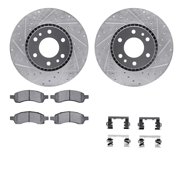 7612-48004 Drilled/Slotted Brake Rotors w/5000 Euro Ceramic Brake Pads Kit & Hardware [Silver], 2006-2009 GM, Position: Front
