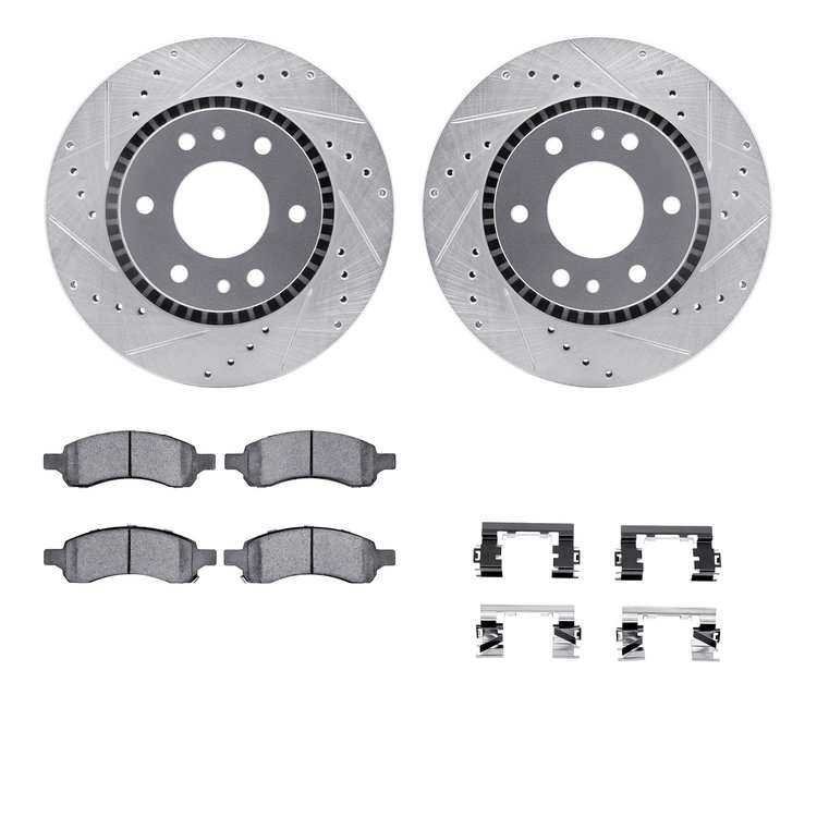 7612-48005 Drilled/Slotted Brake Rotors w/5000 Euro Ceramic Brake Pads Kit & Hardware [Silver], 2006-2009 GM, Position: Front