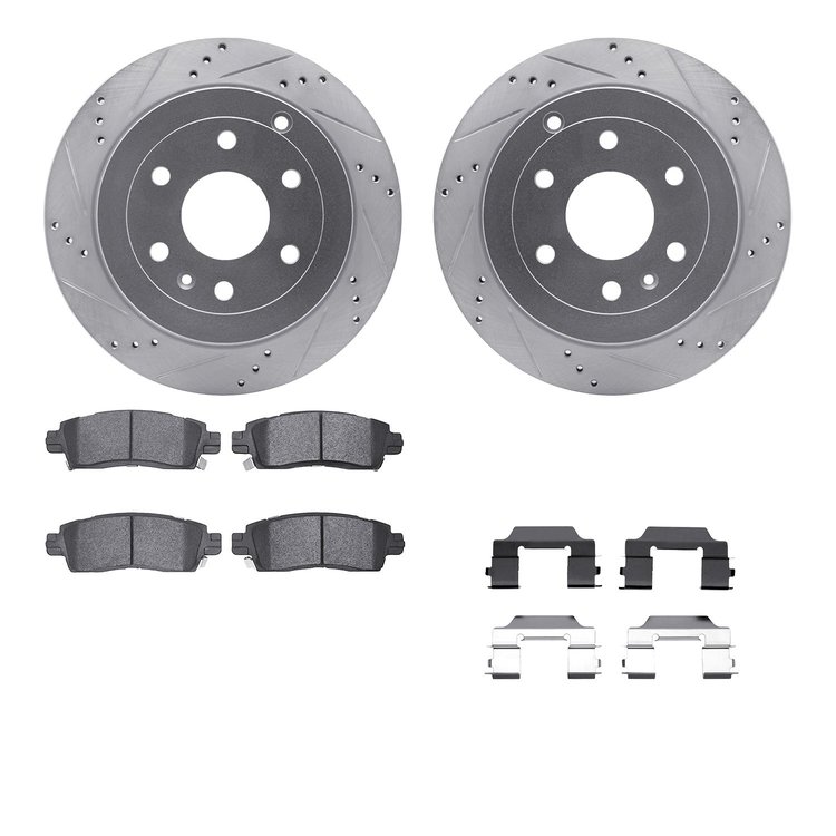 7612-48006 Drilled/Slotted Brake Rotors w/5000 Euro Ceramic Brake Pads Kit & Hardware [Silver], 2007-2017 GM, Position: Rear