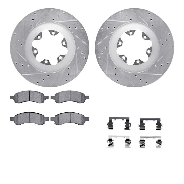 7612-48007 Drilled/Slotted Brake Rotors w/5000 Euro Ceramic Brake Pads Kit & Hardware [Silver], 2009-2012 GM, Position: Front