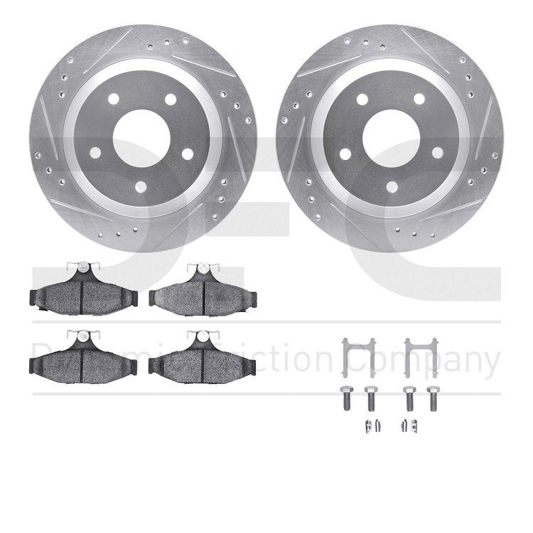 7612-52000 Drilled/Slotted Brake Rotors w/5000 Euro Ceramic Brake Pads Kit & Hardware [Silver], 1985-1992 GM, Position: Rear