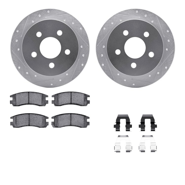 7612-52001 Drilled/Slotted Brake Rotors w/5000 Euro Ceramic Brake Pads Kit & Hardware [Silver], 1997-2005 GM, Position: Rear
