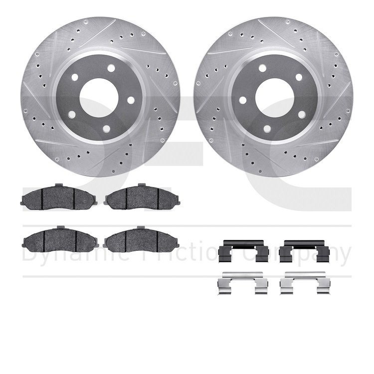7612-52002 Drilled/Slotted Brake Rotors w/5000 Euro Ceramic Brake Pads Kit & Hardware [Silver], 2005-2006 GM, Position: Front