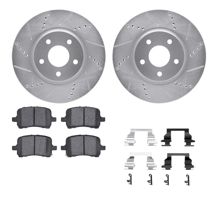 7612-53000 Drilled/Slotted Brake Rotors w/5000 Euro Ceramic Brake Pads Kit & Hardware [Silver], 2004-2012 GM, Position: Front
