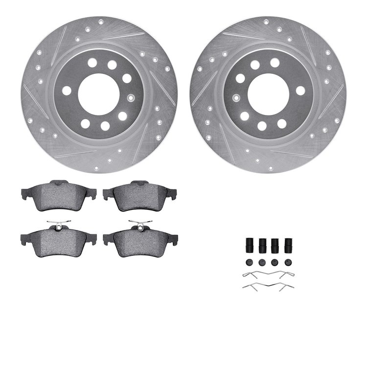7612-53002 Drilled/Slotted Brake Rotors w/5000 Euro Ceramic Brake Pads Kit & Hardware [Silver], 2006-2010 GM, Position: Rear