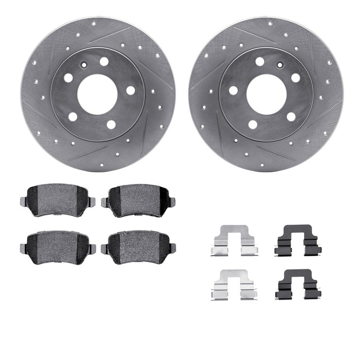 7612-53003 Drilled/Slotted Brake Rotors w/5000 Euro Ceramic Brake Pads Kit & Hardware [Silver], 2002-2008 GM, Position: Rear