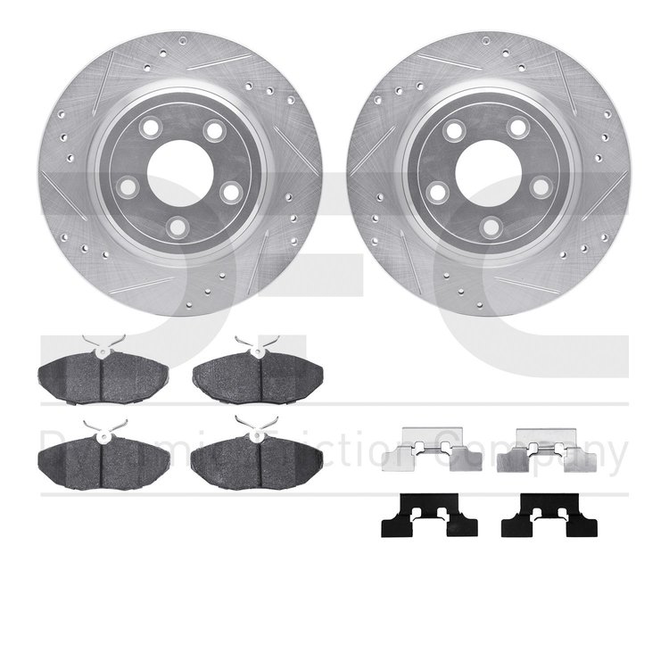 7612-54005 Drilled/Slotted Brake Rotors w/5000 Euro Ceramic Brake Pads Kit & Hardware [Silver], 2003-2005 Jaguar, Position: Rear