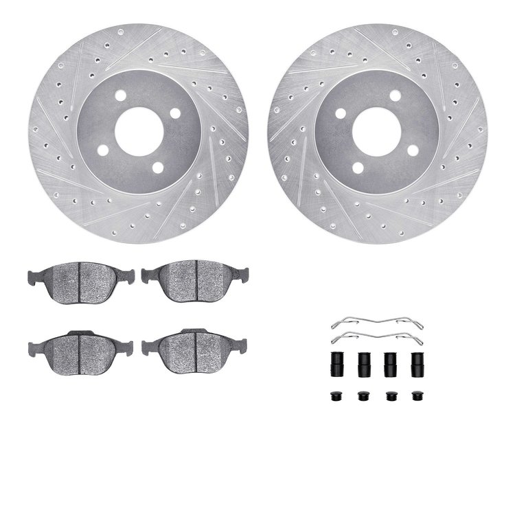 7612-54006 Drilled/Slotted Brake Rotors w/5000 Euro Ceramic Brake Pads Kit & Hardware [Silver], 2002-2004 Ford/Lincoln/Mercury/M