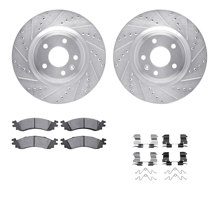 7612-54023 Drilled/Slotted Brake Rotors w/5000 Euro Ceramic Brake Pads Kit & Hardware [Silver], 2011-2012 Ford/Lincoln/Mercury/M